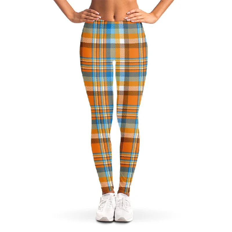 Orange And Blue Madras Pattern Print Women's Leggings Trendy Sporty Compression Leggings