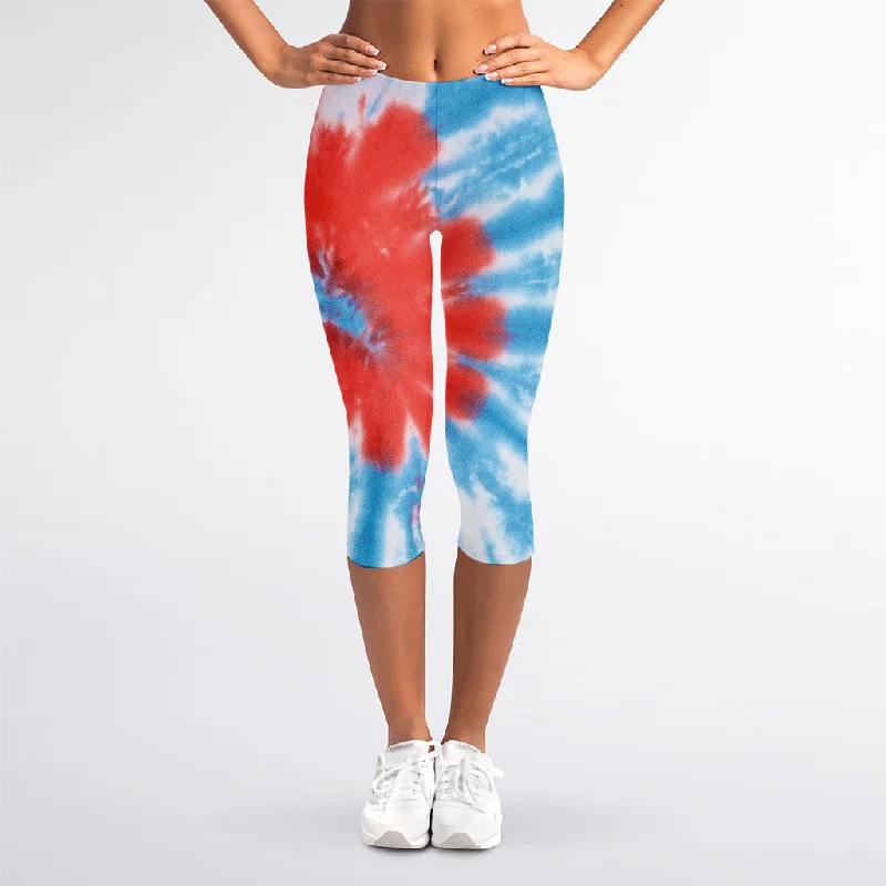 Orange And Blue Tie Dye Print Women's Capri Leggings Trendy Ombre Effect Leggings