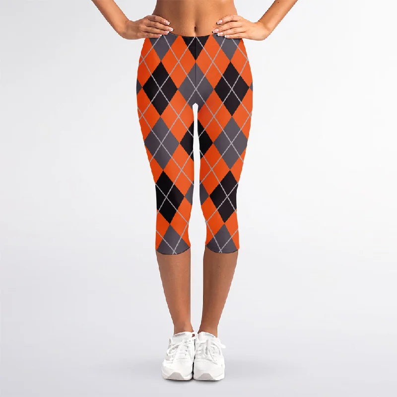 Orange And Grey Halloween Argyle Print Women's Capri Leggings Fashionable High-Rise Leggings