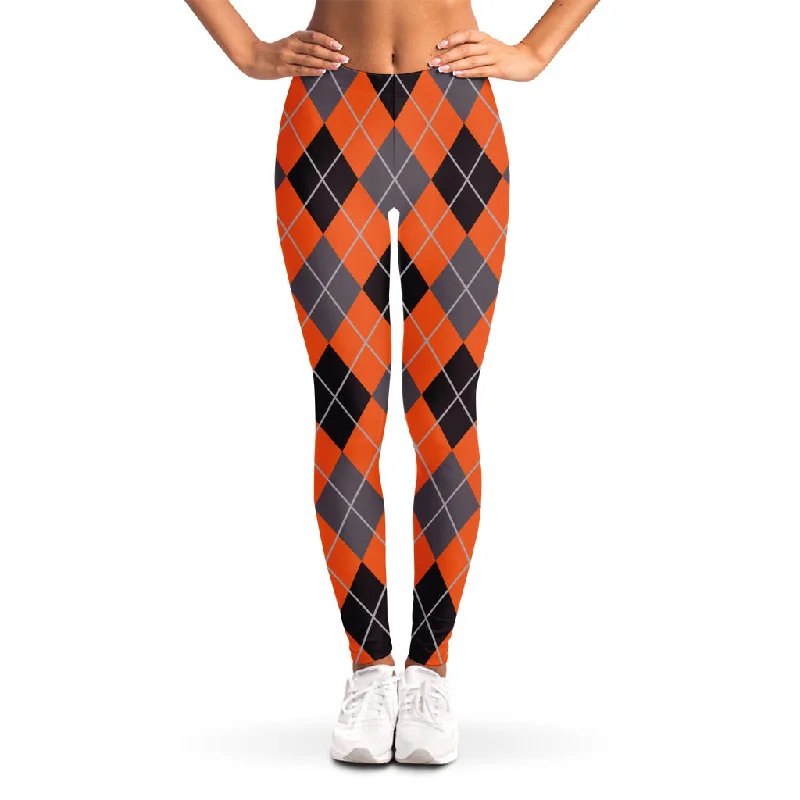 Orange And Grey Halloween Argyle Print Women's Leggings Comfortable Yoga Tights Leggings