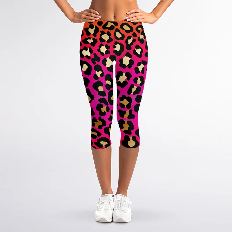 Orange And Purple Leopard Print Women's Capri Leggings Elegant Satin Finish Leggings