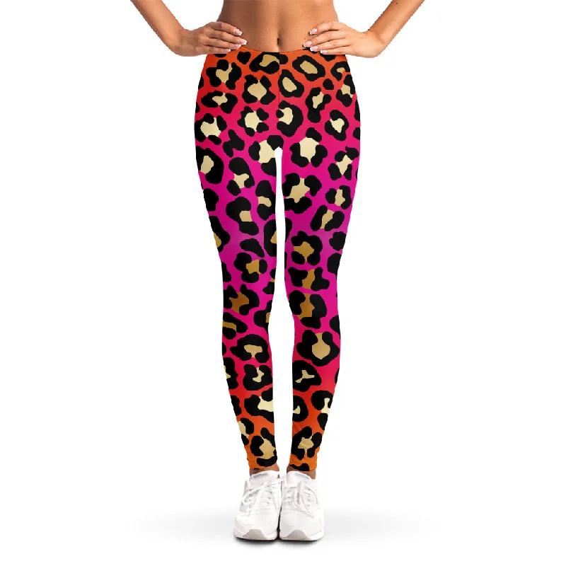 Orange And Purple Leopard Print Women's Leggings Trendy Side-Pocket Leggings