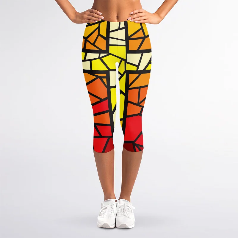 Orange And Red Stained Glass Cross Print Women's Capri Leggings Trendy Tie-Dye Leggings