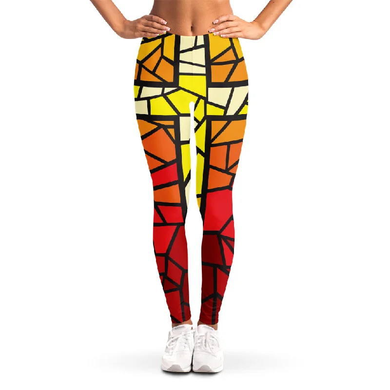 Orange And Red Stained Glass Cross Print Women's Leggings Stylish Sweat-Proof Leggings