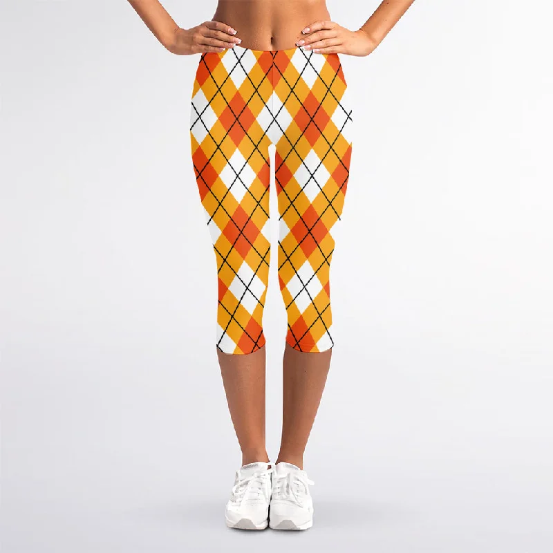 Orange And White Argyle Pattern Print Women's Capri Leggings Fashionable High-Rise Leggings