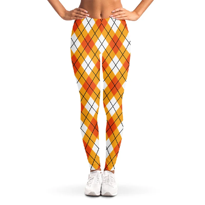 Orange And White Argyle Pattern Print Women's Leggings Elegant Stretchy Faux Leather Leggings