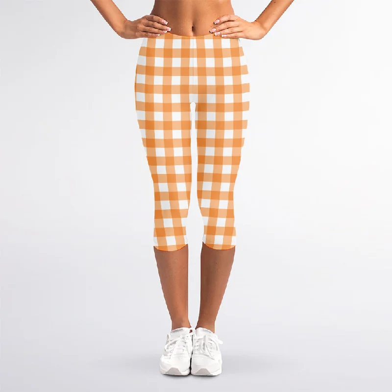 Orange And White Check Pattern Print Women's Capri Leggings Comfortable Capri-Length Leggings