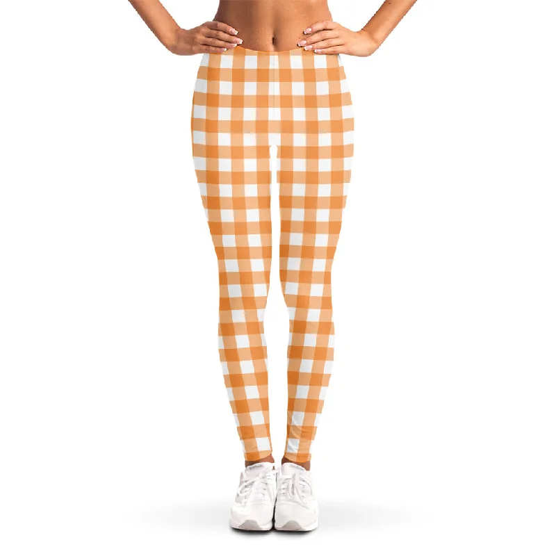 Orange And White Check Pattern Print Women's Leggings Trendy Color Block Leggings