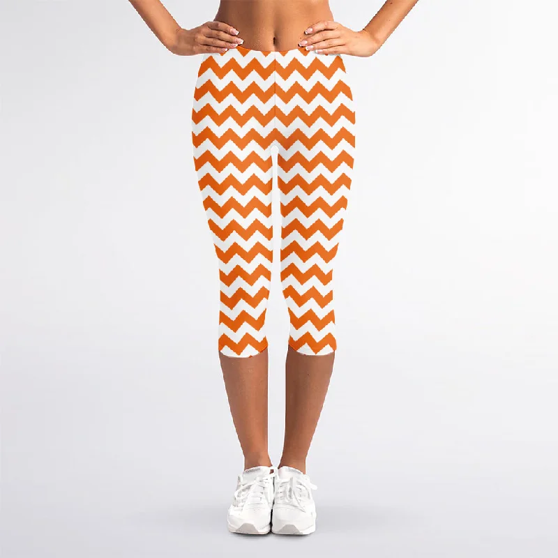 Orange And White Chevron Pattern Print Women's Capri Leggings Fashionable Lacy Detail Leggings