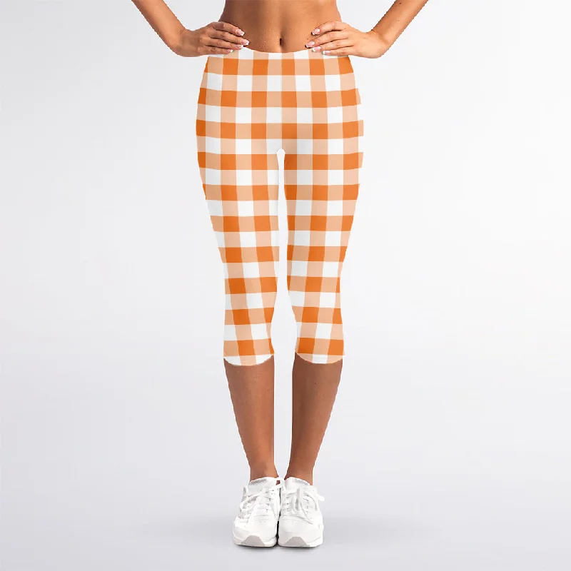 Orange And White Gingham Pattern Print Women's Capri Leggings Stylish Patterned Active Leggings