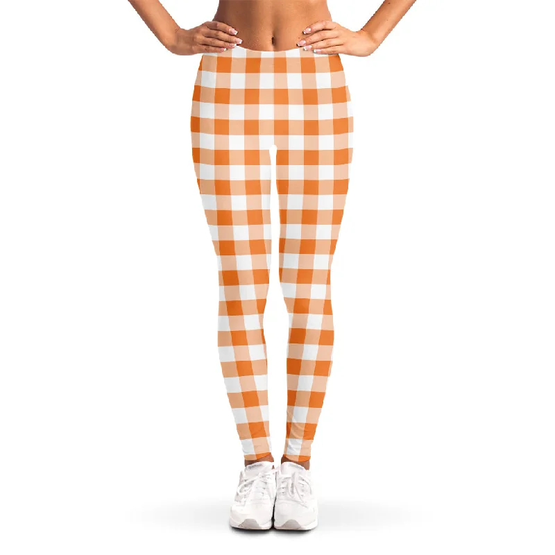 Orange And White Gingham Pattern Print Women's Leggings Elegant Textured Leggings