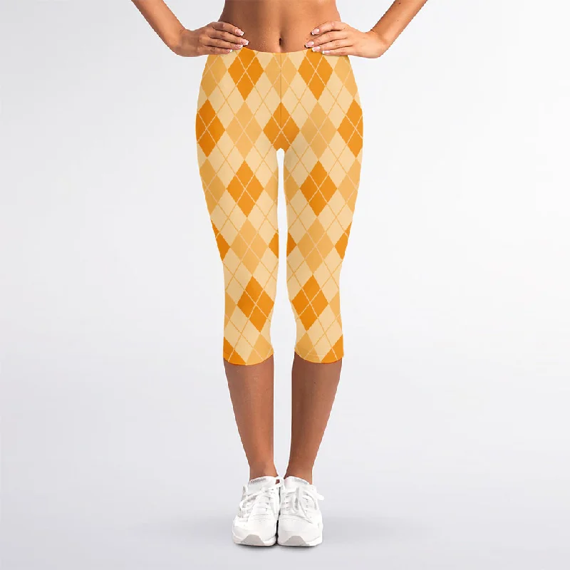 Orange Argyle Pattern Print Women's Capri Leggings Chic Floral Print Leggings