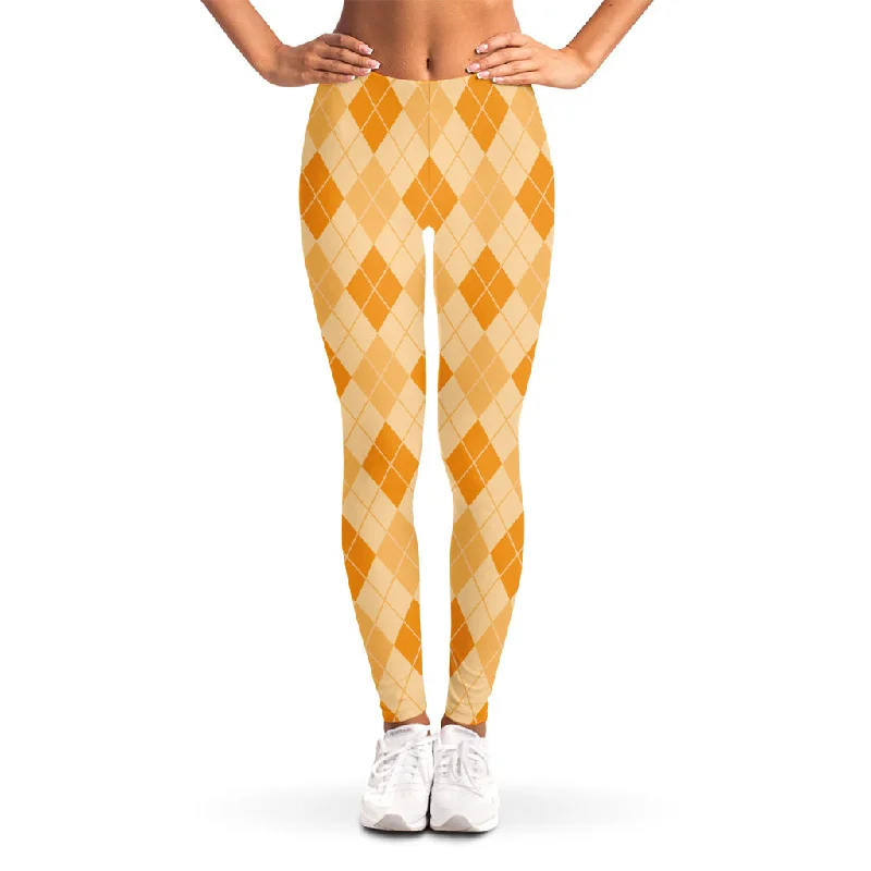 Orange Argyle Pattern Print Women's Leggings Chic Smooth Fit Leggings