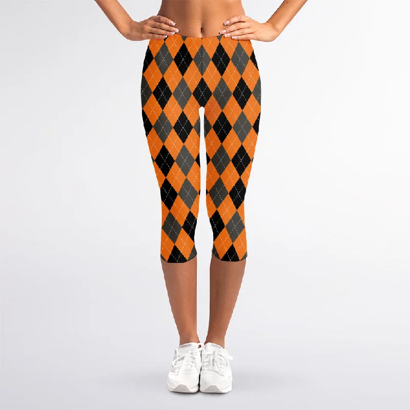 Orange Black And Grey Argyle Print Women's Capri Leggings Trendy Sports Performance Leggings