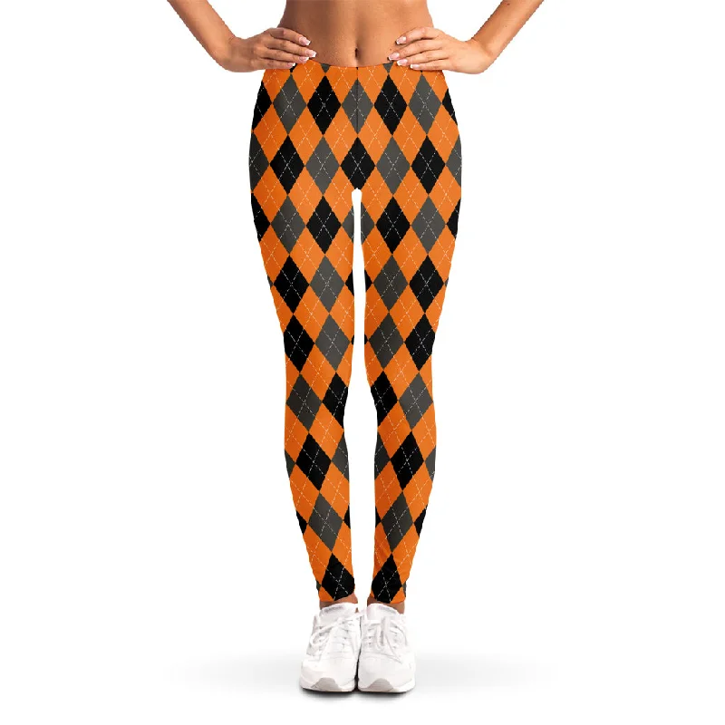 Orange Black And Grey Argyle Print Women's Leggings Trendy Fitness Leggings