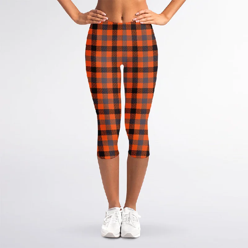 Orange Black And Grey Plaid Print Women's Capri Leggings Comfortable Workout Fitness Leggings