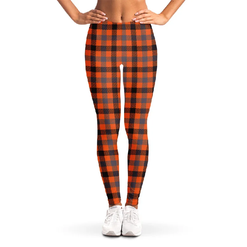 Orange Black And Grey Plaid Print Women's Leggings Stylish Athletic Wear Leggings