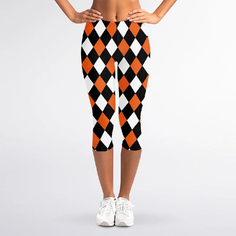 Orange Black And White Harlequin Print Women's Capri Leggings Cozy Ribbed Leggings