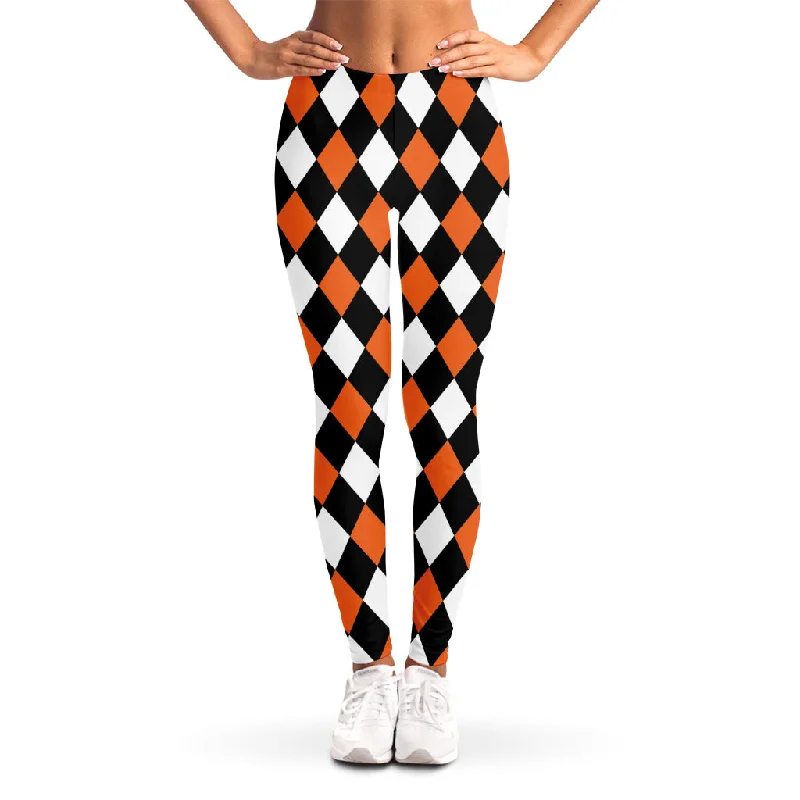 Orange Black And White Harlequin Print Women's Leggings Trendy Black Mesh Leggings