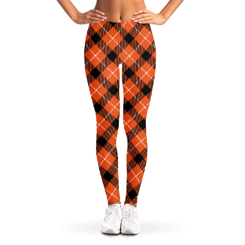 Orange Black And White Plaid Print Women's Leggings Comfortable Running Leggings