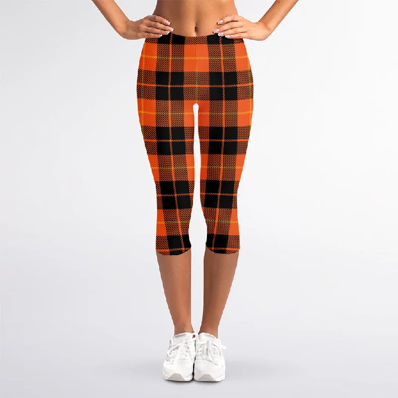 Orange Black And Yellow Tartan Print Women's Capri Leggings Cozy Bootcut Leggings