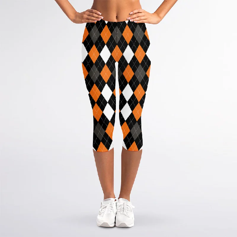 Orange Black Grey And White Argyle Print Women's Capri Leggings Elegant Velvet Leggings