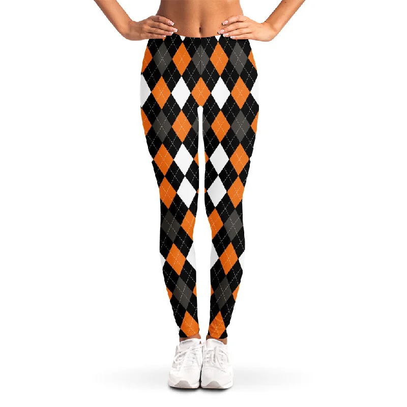 Orange Black Grey And White Argyle Print Women's Leggings Cozy Lounge Pants Leggings