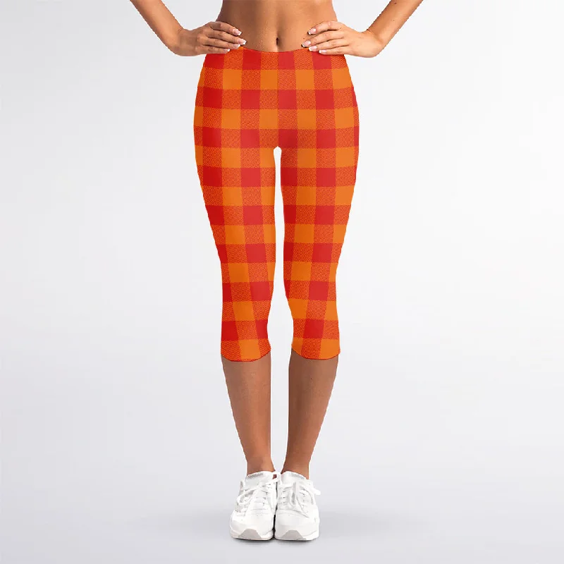 Orange Buffalo Check Pattern Print Women's Capri Leggings Classic Solid Color Leggings