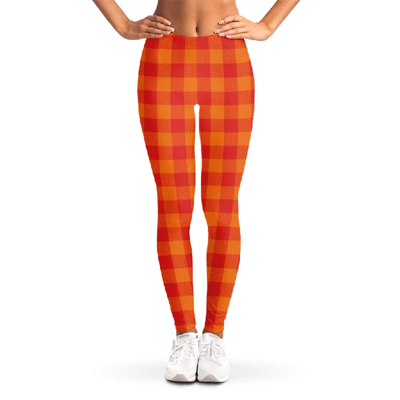 Orange Buffalo Check Pattern Print Women's Leggings Trendy Adjustable Waist Leggings