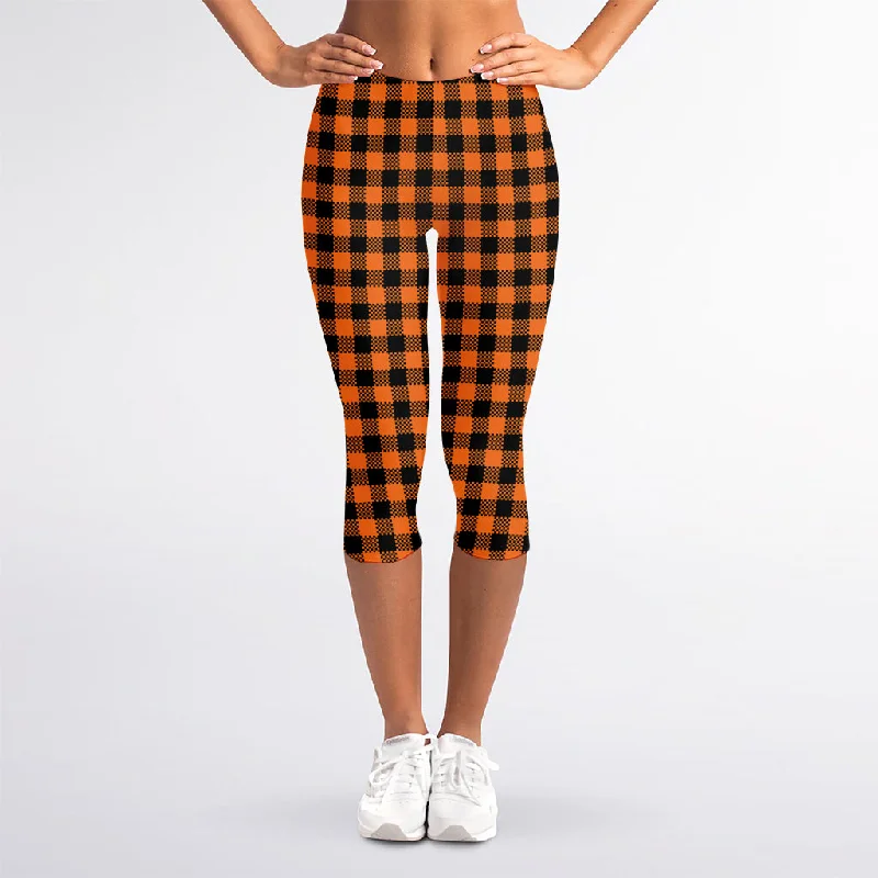 Orange Buffalo Plaid Print Women's Capri Leggings Fashionable Leather-Look Leggings