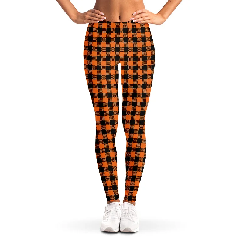 Orange Buffalo Plaid Print Women's Leggings Comfortable Ribbed Waistband Leggings