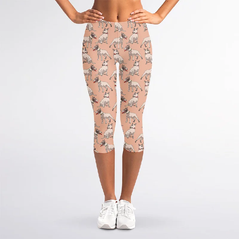 Orange Bull Terrier Pattern Print Women's Capri Leggings Chic Workout Leggings