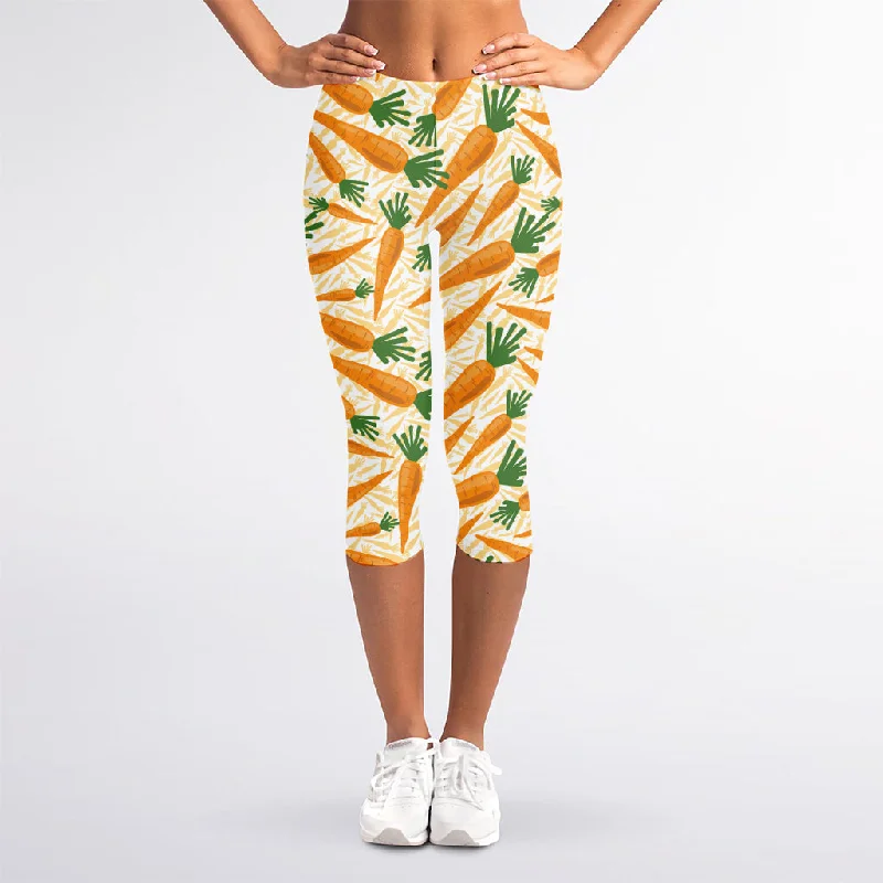 Orange Carrot Pattern Print Women's Capri Leggings Fashionable Printed Leggings