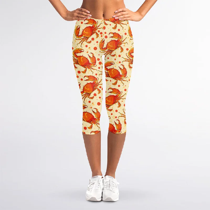 Orange Crab Pattern Print Women's Capri Leggings Elegant Black Leggings