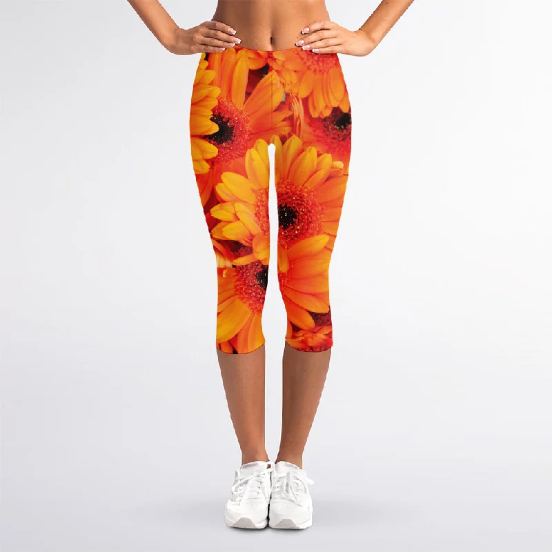 Orange Daisy Flower Print Women's Capri Leggings Stylish High-Waisted Leggings