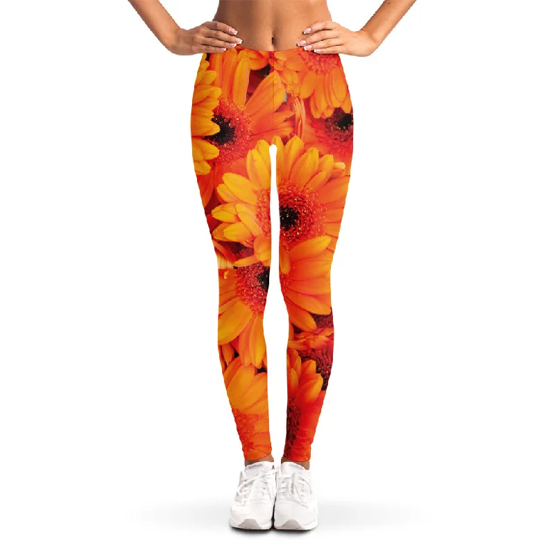 Orange Daisy Flower Print Women's Leggings Cozy Sweat-Wicking Leggings