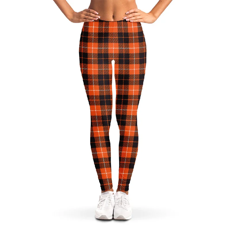 Orange Grey And White Tartan Print Women's Leggings Trendy Activewear Leggings