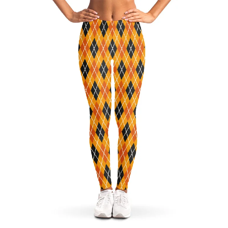 Orange Halloween Argyle Pattern Print Women's Leggings Stylish Ankle-Length Leggings