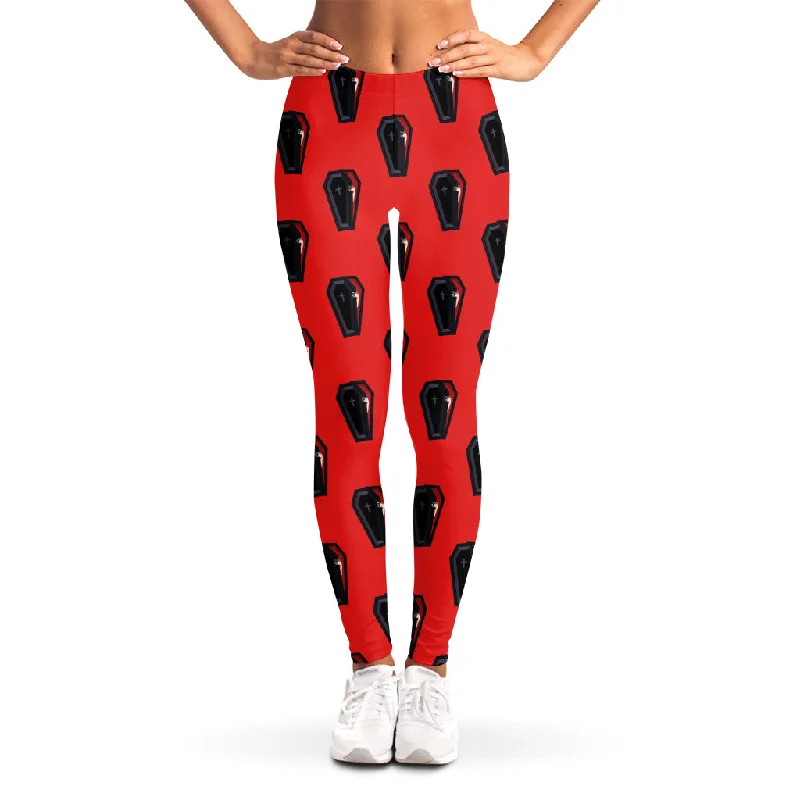 Orange Halloween Coffin Pattern Print Women's Leggings Comfortable Stretch Leggings