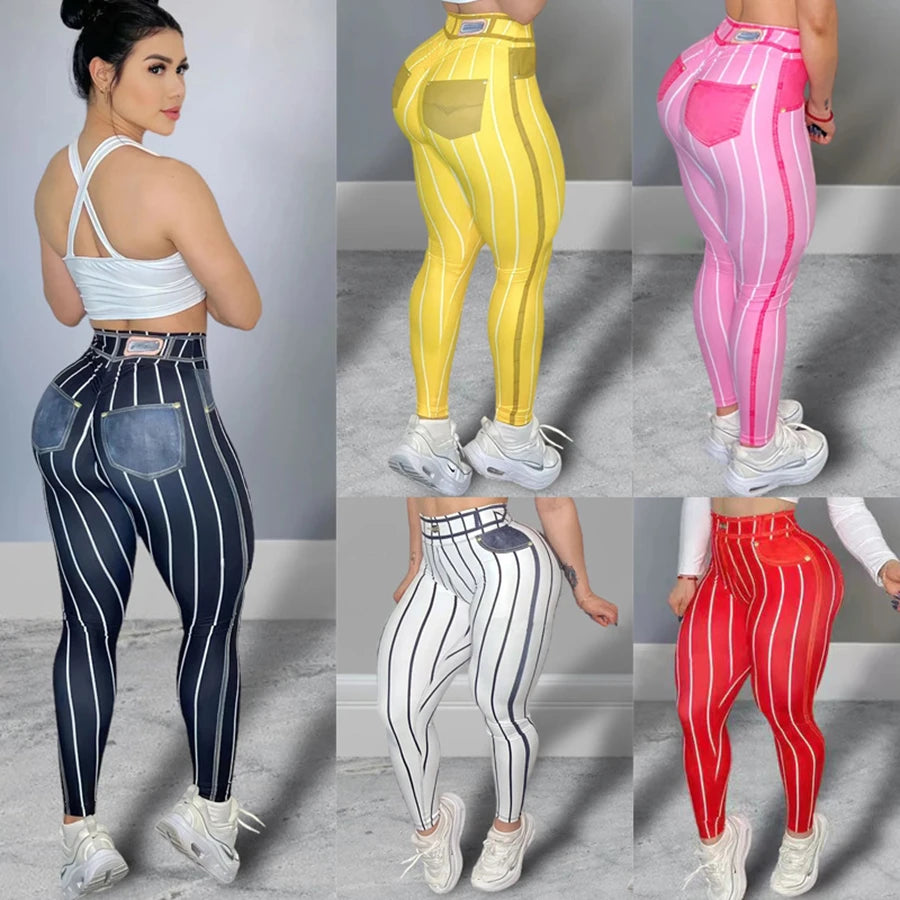 Women High Waist Sports Leggings Stripe Print Stretchable Yoga Pants Fashionable Printed Leggings